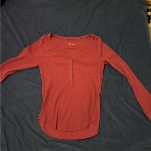 Aerie Long Sleeve Ribbed Henley - Brick Red